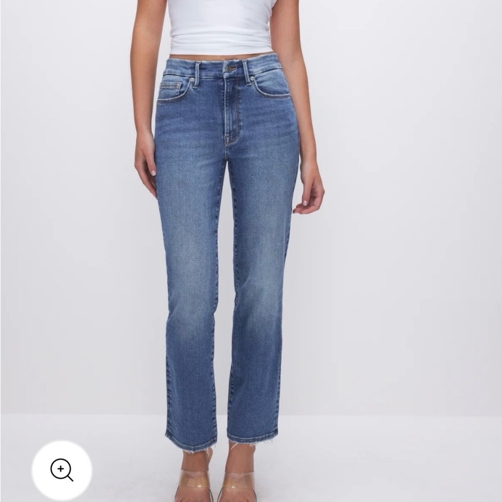 Good American Mid-Blue High-Rise Straight Leg Jeans